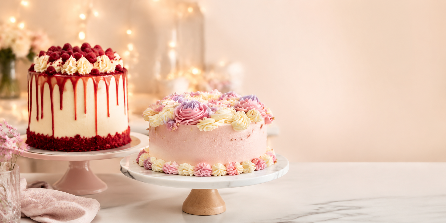 Tortas modernas de frutos rojos y crema en una mesa de pastelería