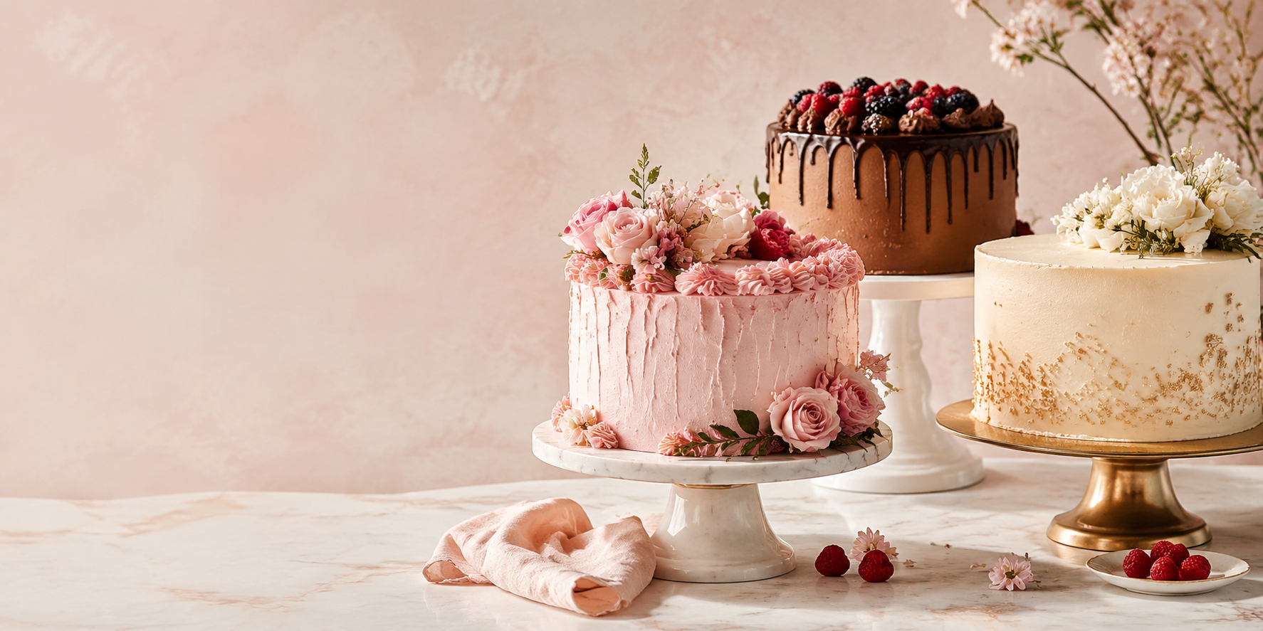 Tres tortas modernas con decoraciones florales, chocolate y frutos rojos
